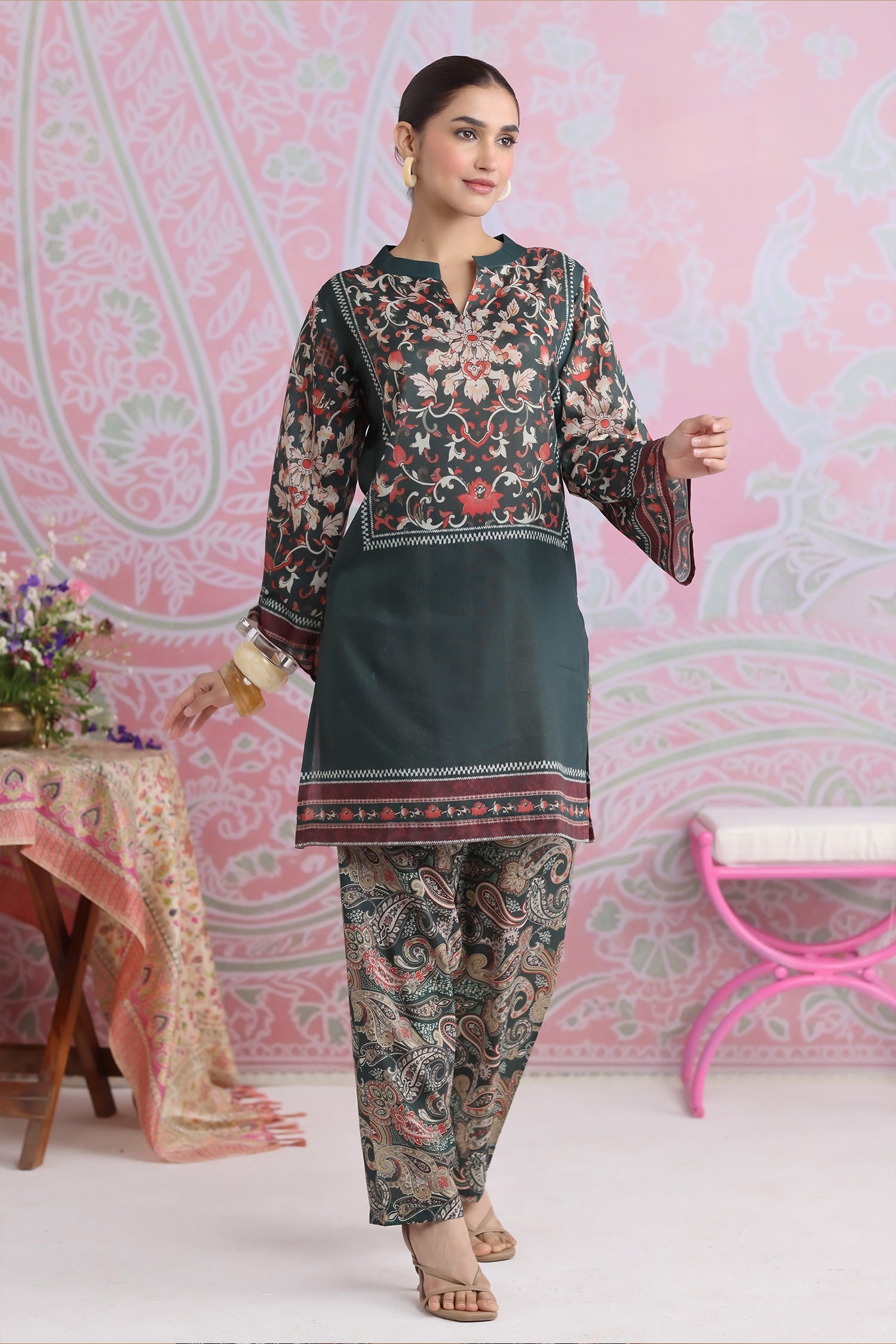Emerald Green Printed Shimmer Lawn Cotton Co-ord Set with Straight Pants