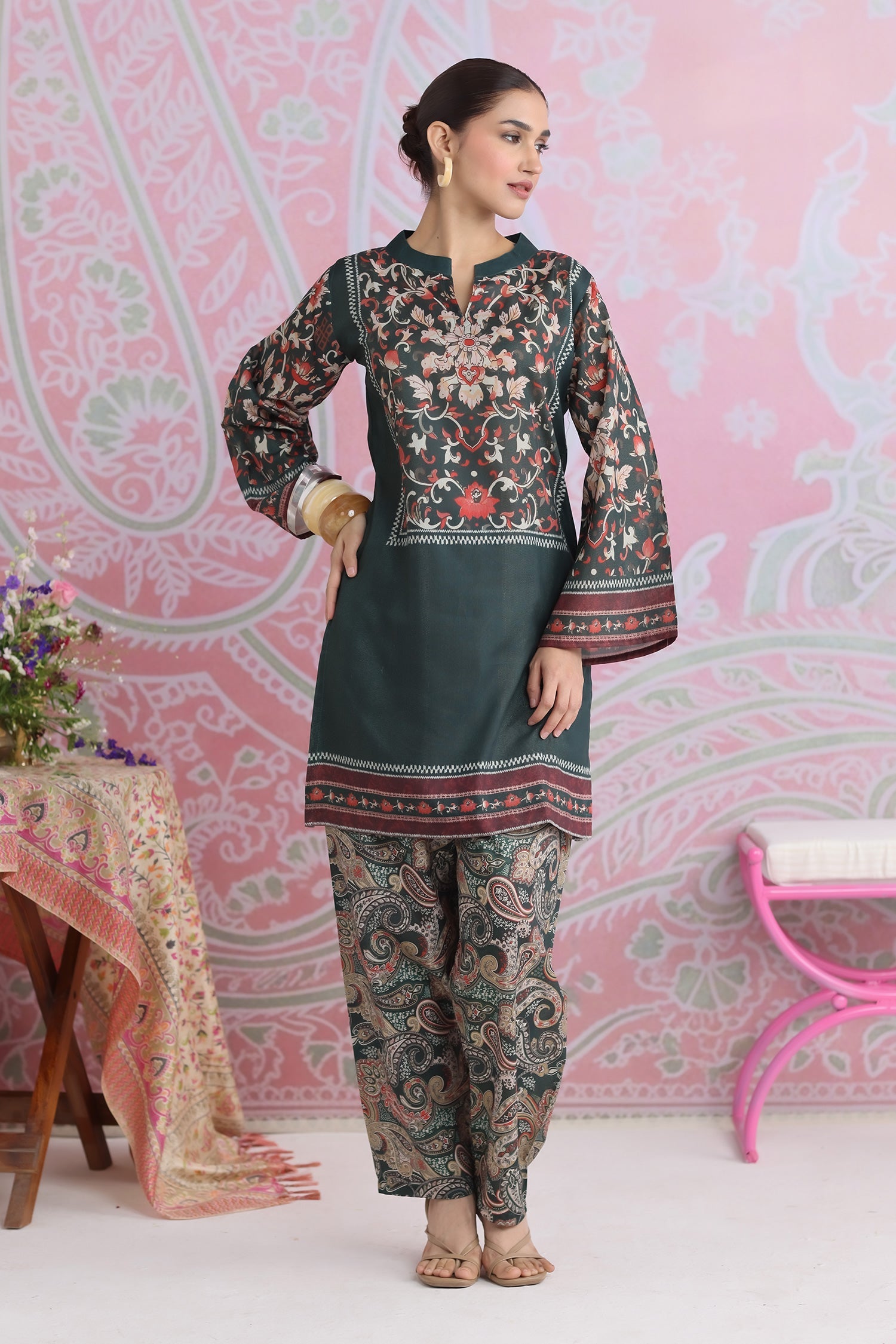Emerald Green Printed Shimmer Lawn Cotton Co-ord Set with Straight Pants