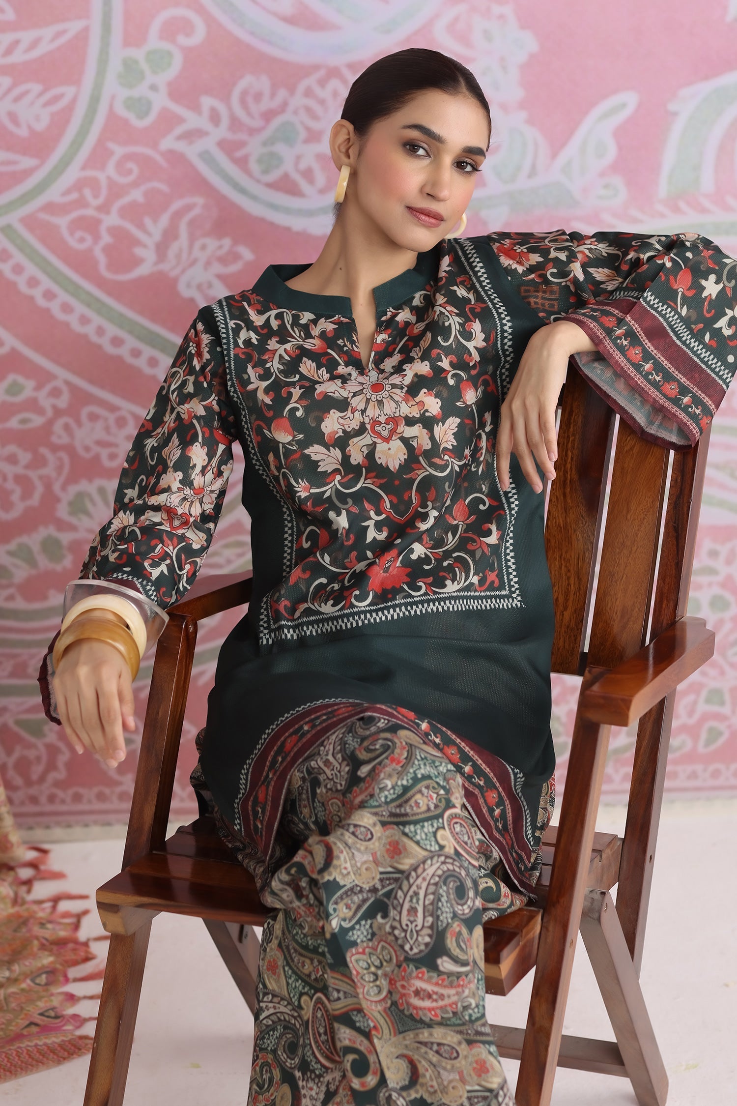 Emerald Green Printed Shimmer Lawn Cotton Co-ord Set with Straight Pants