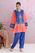 Coral & Royal Blue Printed Lawn Cotton Co-ord Set with Straight Pants