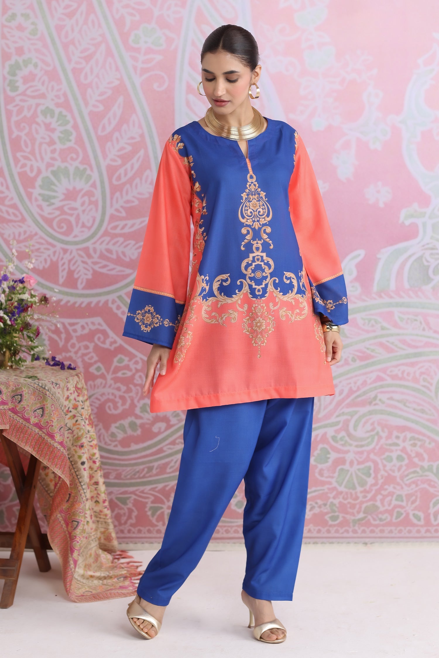 Coral & Royal Blue Printed Lawn Cotton Co-ord Set with Straight Pants