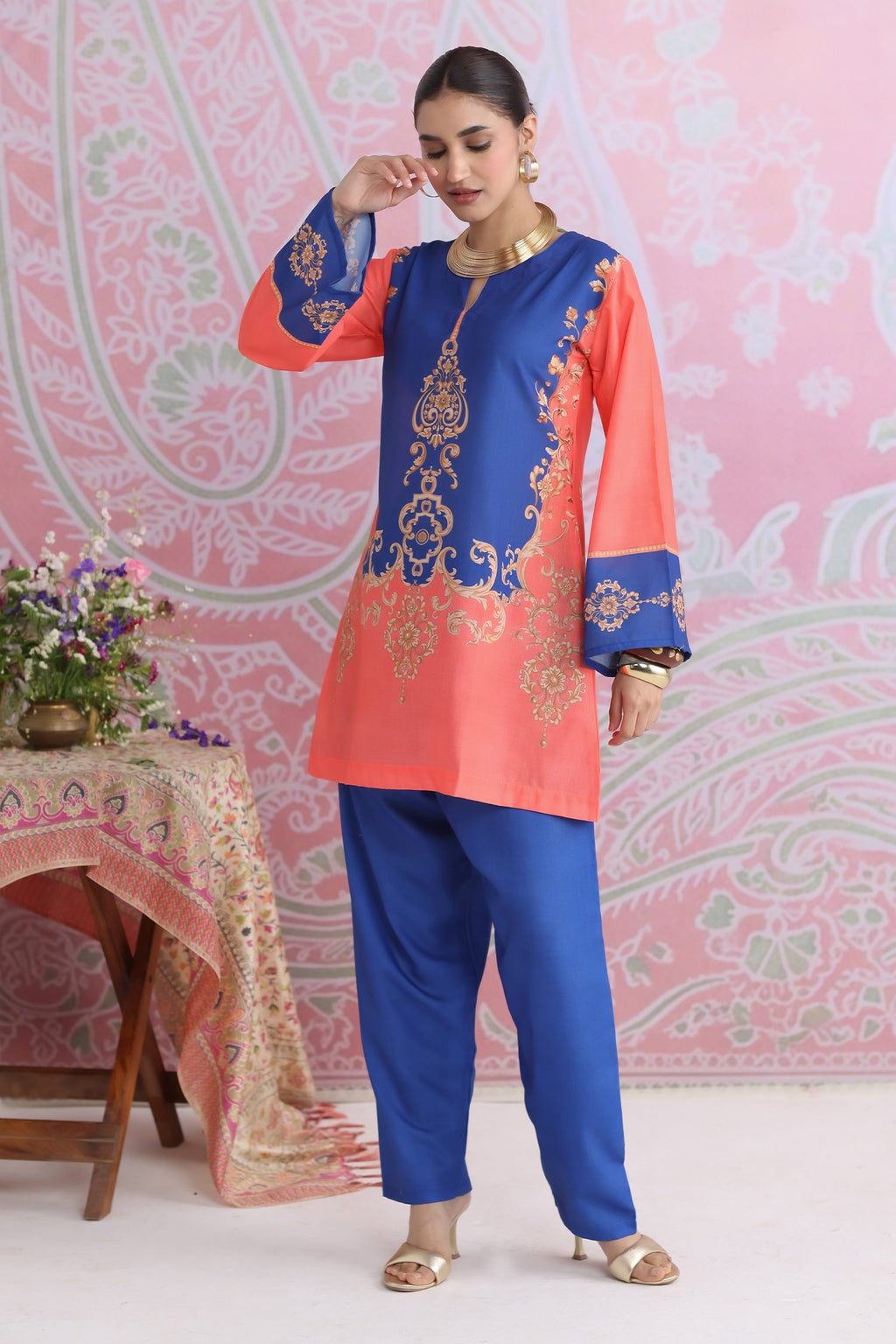 Coral & Royal Blue Printed Lawn Cotton Co-ord Set with Straight Pants