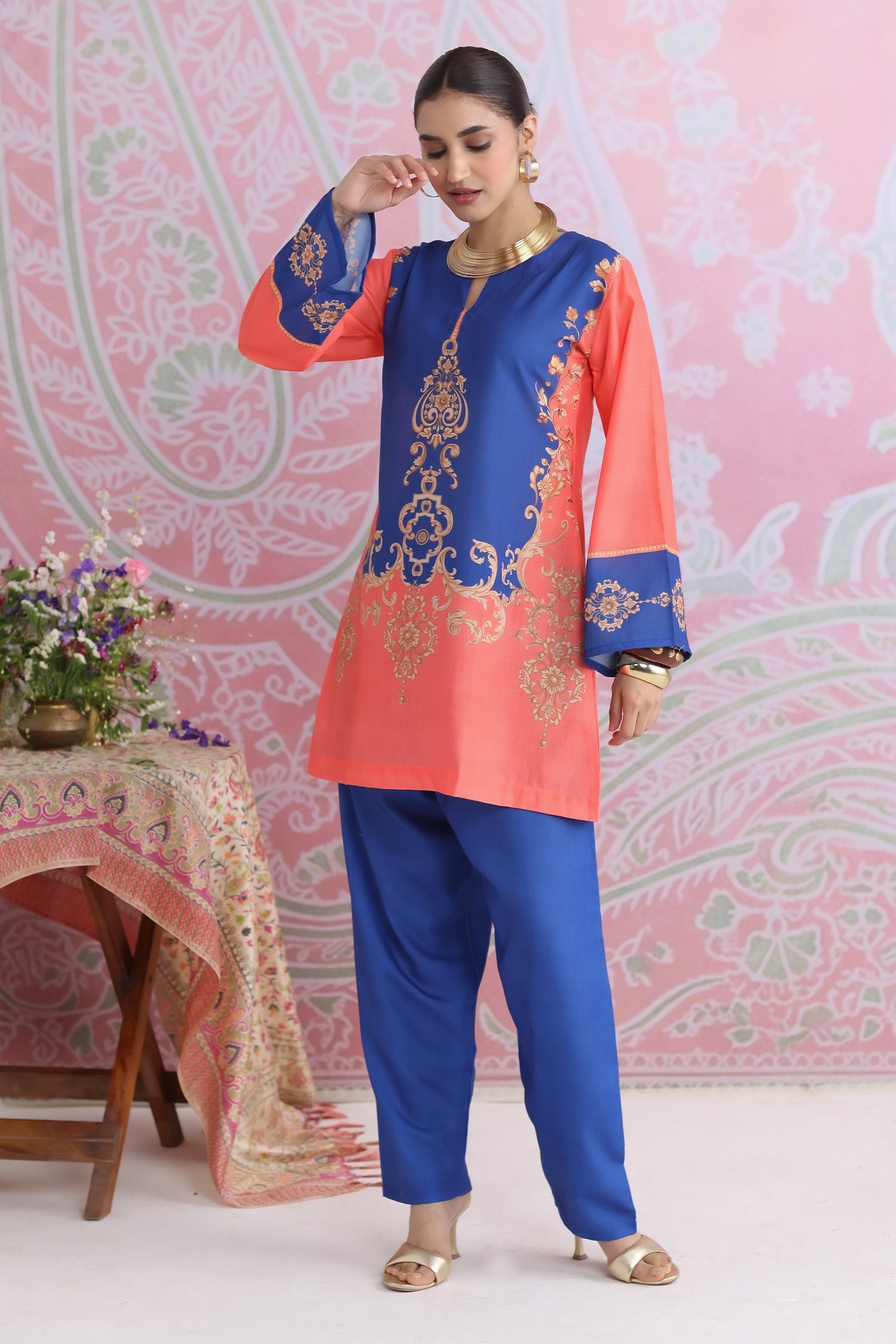 Radhika In Coral & Royal Blue Printed Lawn Cotton Co-ord Set with Straight Pants