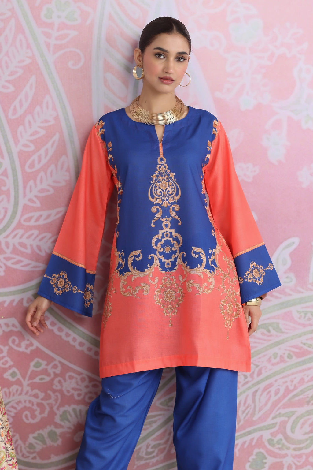 Coral & Royal Blue Printed Lawn Cotton Co-ord Set with Straight Pants