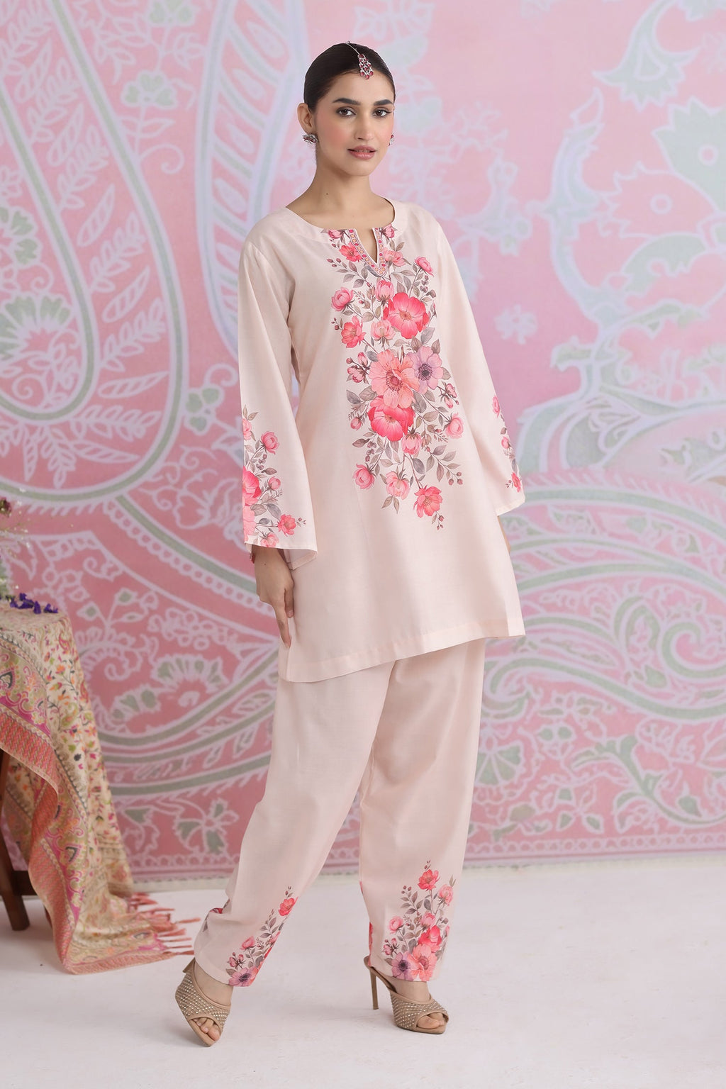 Blush Beige Floral Printed Lawn Cotton Co-ord Set with Straight Pants