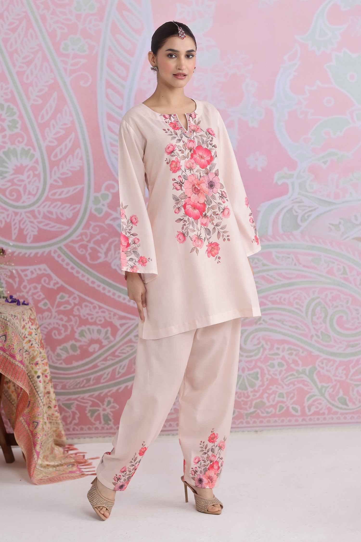 Blush Beige Floral Printed Lawn Cotton Co-ord Set with Straight Pants