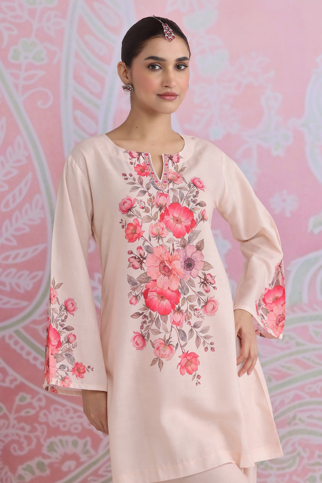 Blush Beige Floral Printed Lawn Cotton Co-ord Set with Straight Pants