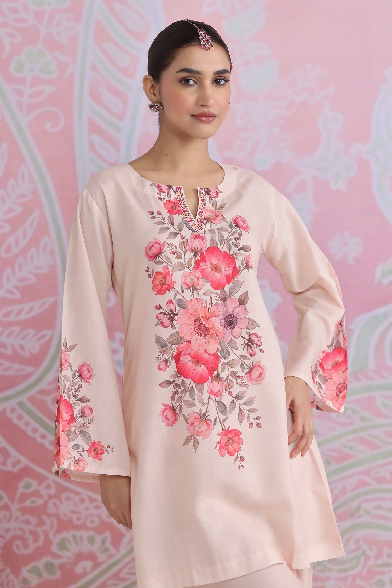 Blush Beige Floral Printed Lawn Cotton Co-ord Set with Straight Pants