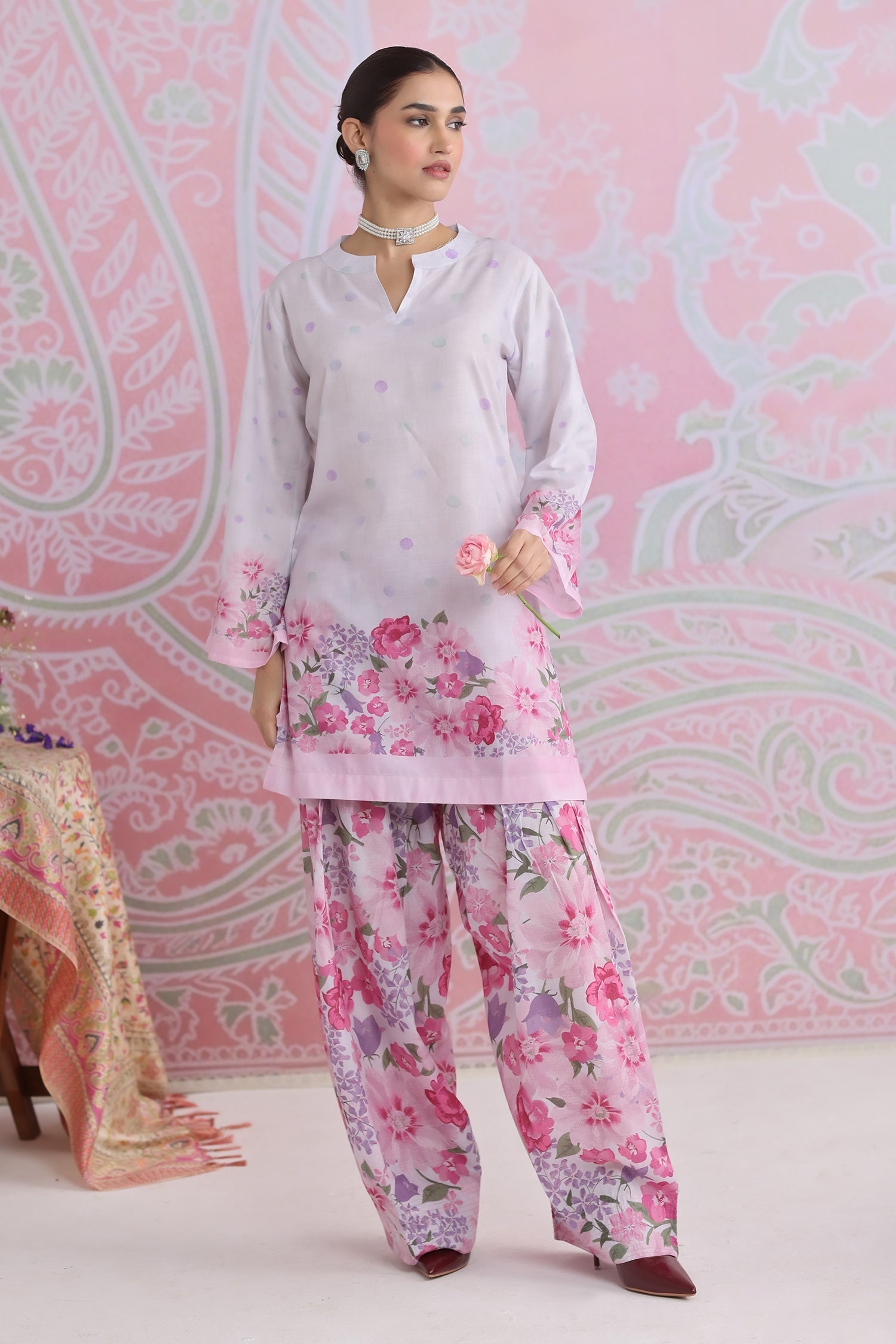 Blush Pink Printed Lawn Cotton Co-ord Set with Farsi Pants