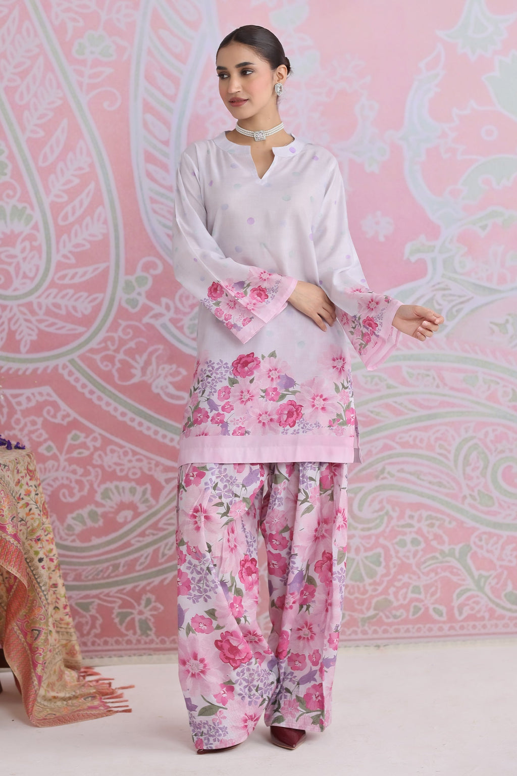 Blush Pink Printed Lawn Cotton Co-ord Set with Farsi Pants