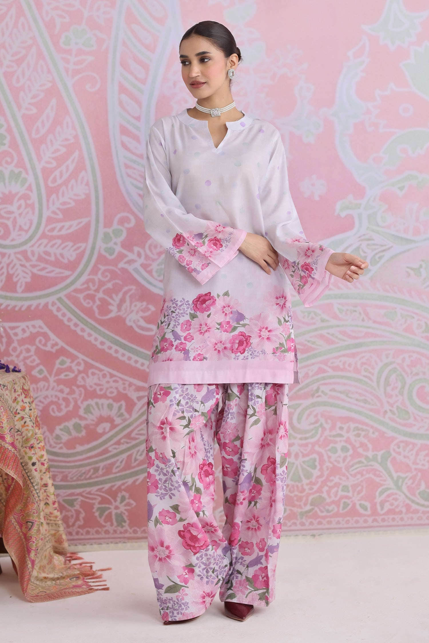 Blush Pink Printed Lawn Cotton Co-ord Set with Farsi Pants