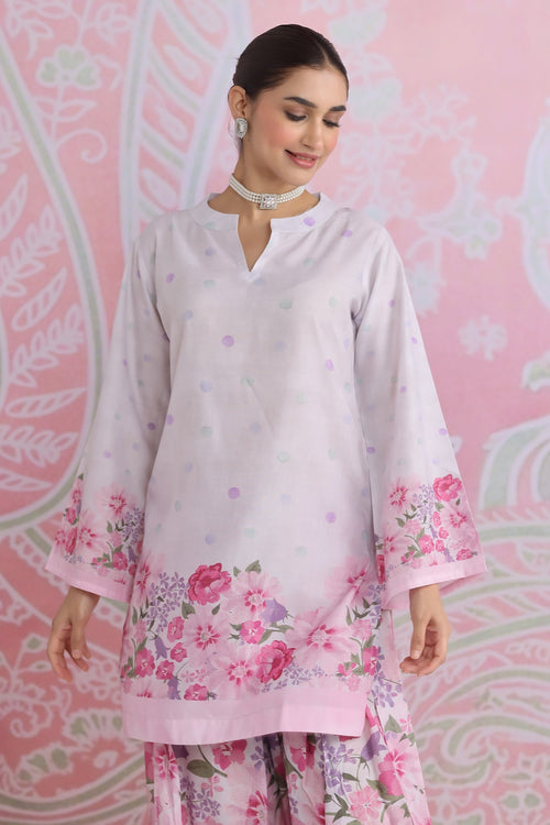 Blush Pink Printed Lawn Cotton Co-ord Set with Farsi Pants