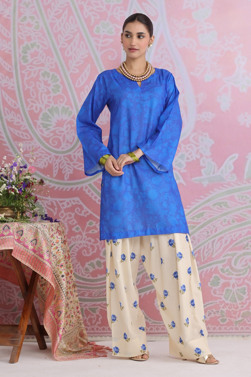 Blue Printed Lawn Cotton Co-ord Set with Farsi Pants