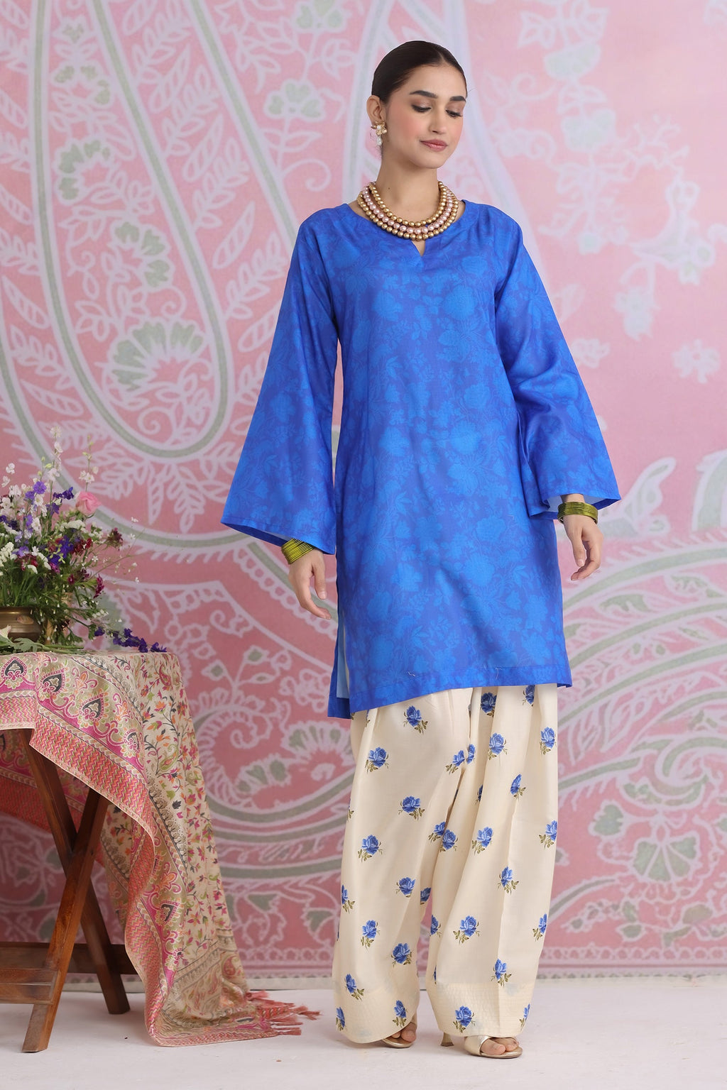 Blue Printed Lawn Cotton Co-ord Set with Farsi Pants