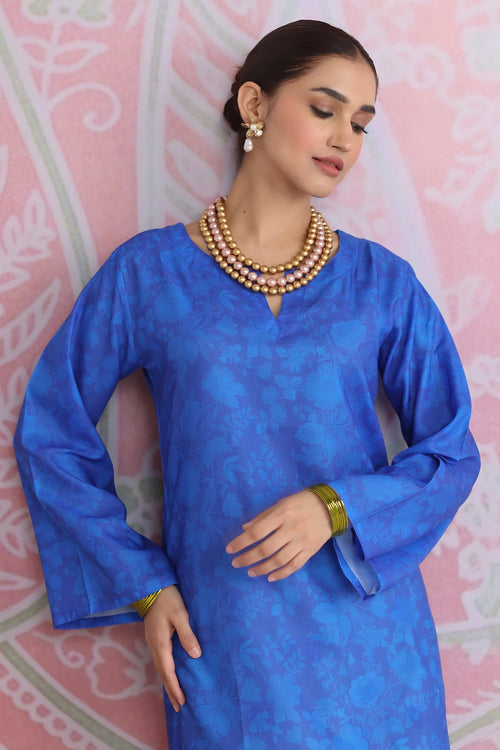 Blue Printed Lawn Cotton Co-ord Set with Farsi Pants
