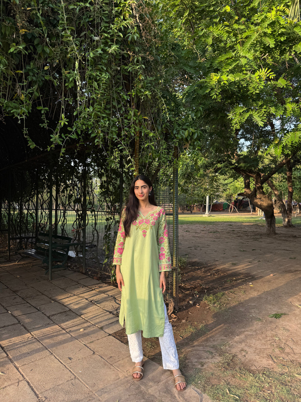 Chetna jain In Rayon Chikankari Long Kurta – Pista Green