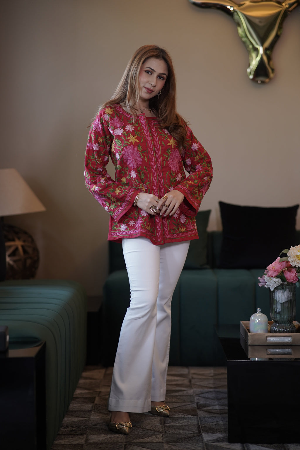 Shikha In Cotton Kashmiri Aari Short Jacket - Red