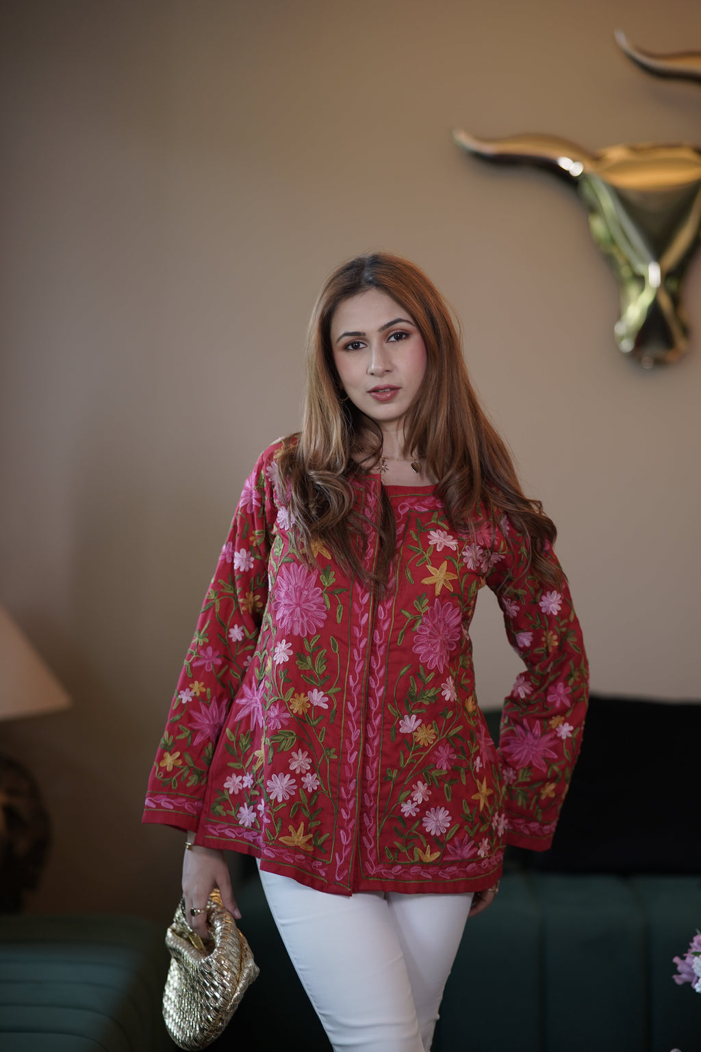 Shikha In Cotton Kashmiri Aari Short Jacket - Red