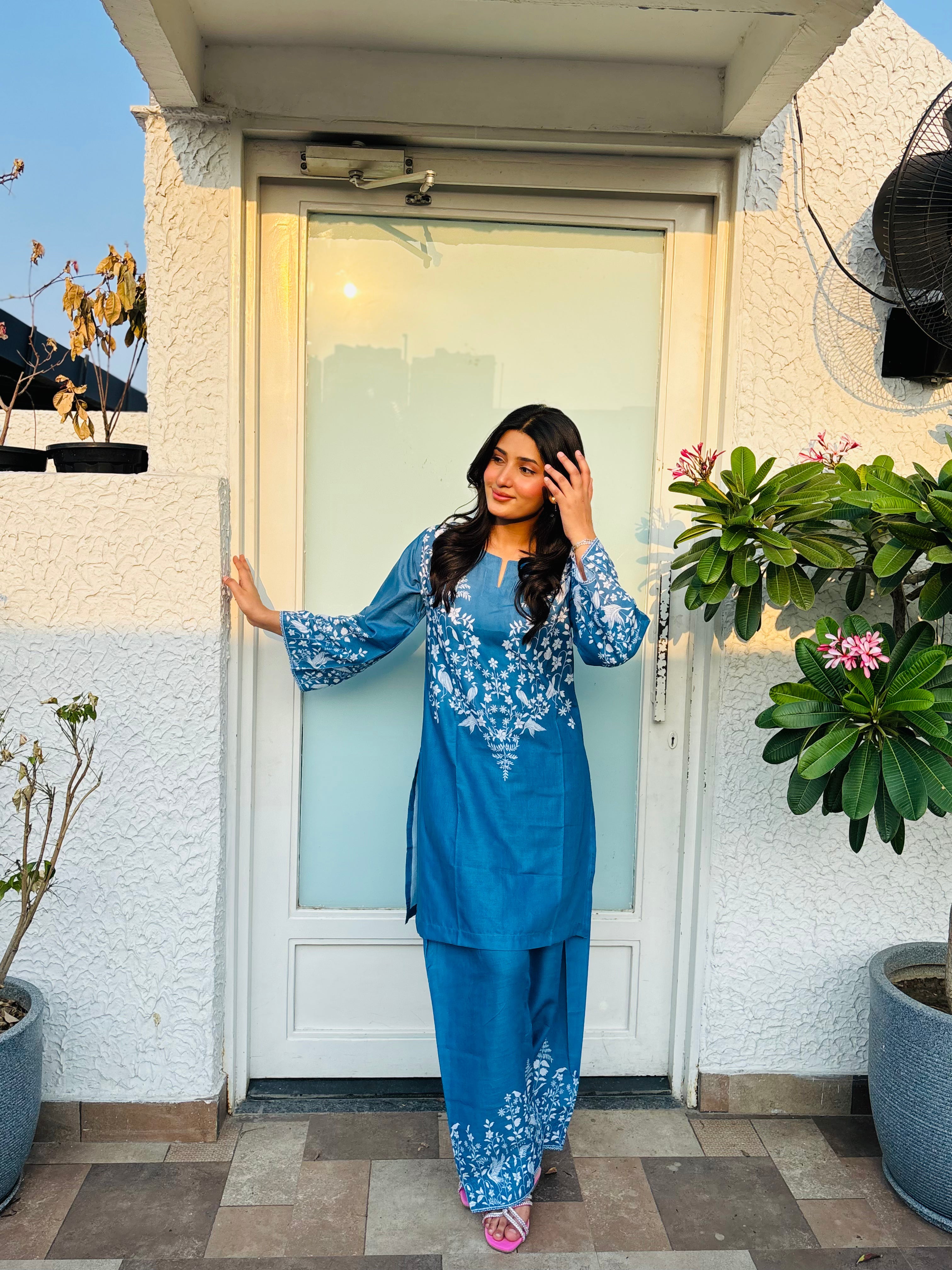 Fiza Malik x HOK in Indigo Blue Printed Lawn Cotton Co-ord Set with Farsi Pants