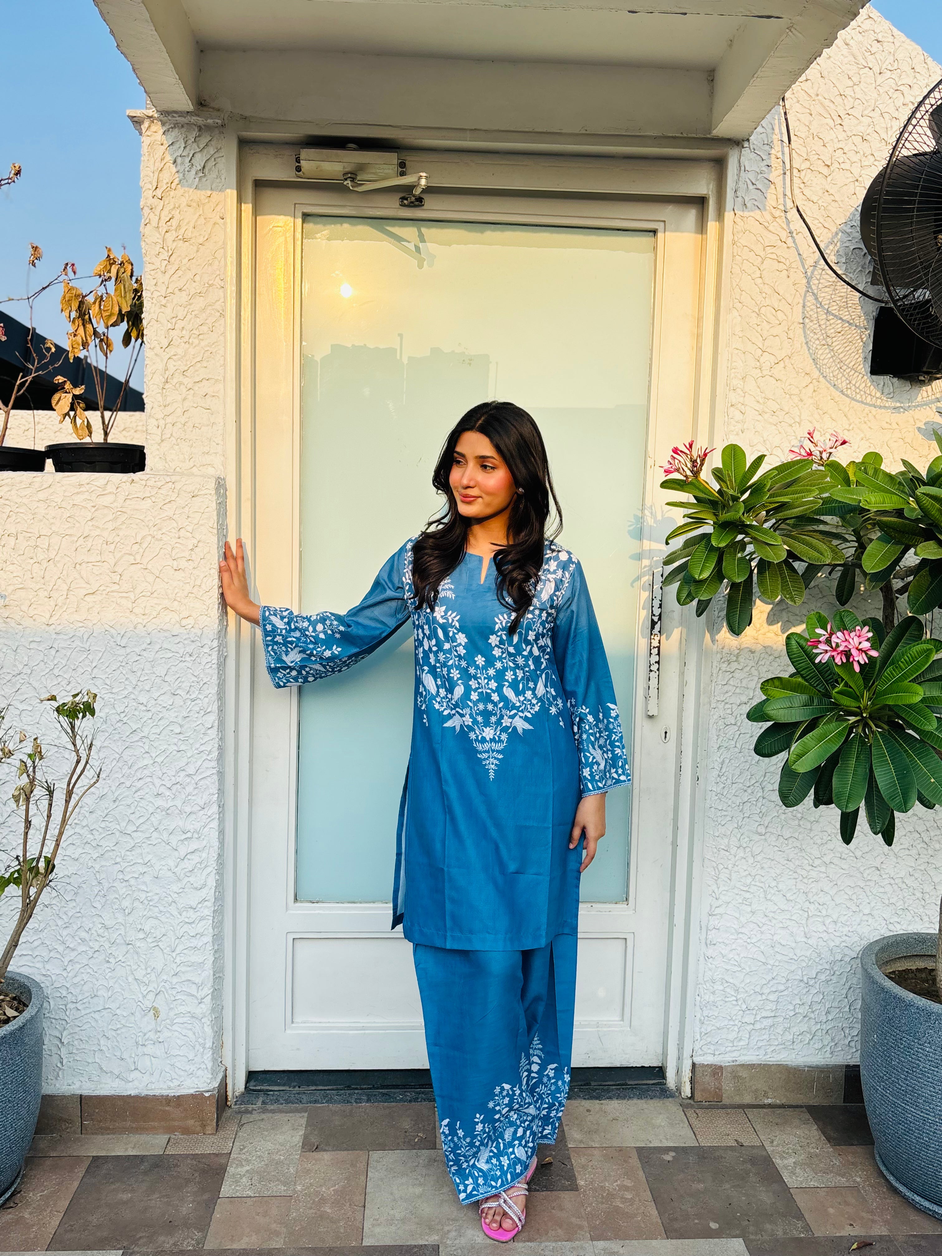 Fiza Malik x HOK in Indigo Blue Printed Lawn Cotton Co-ord Set with Farsi Pants