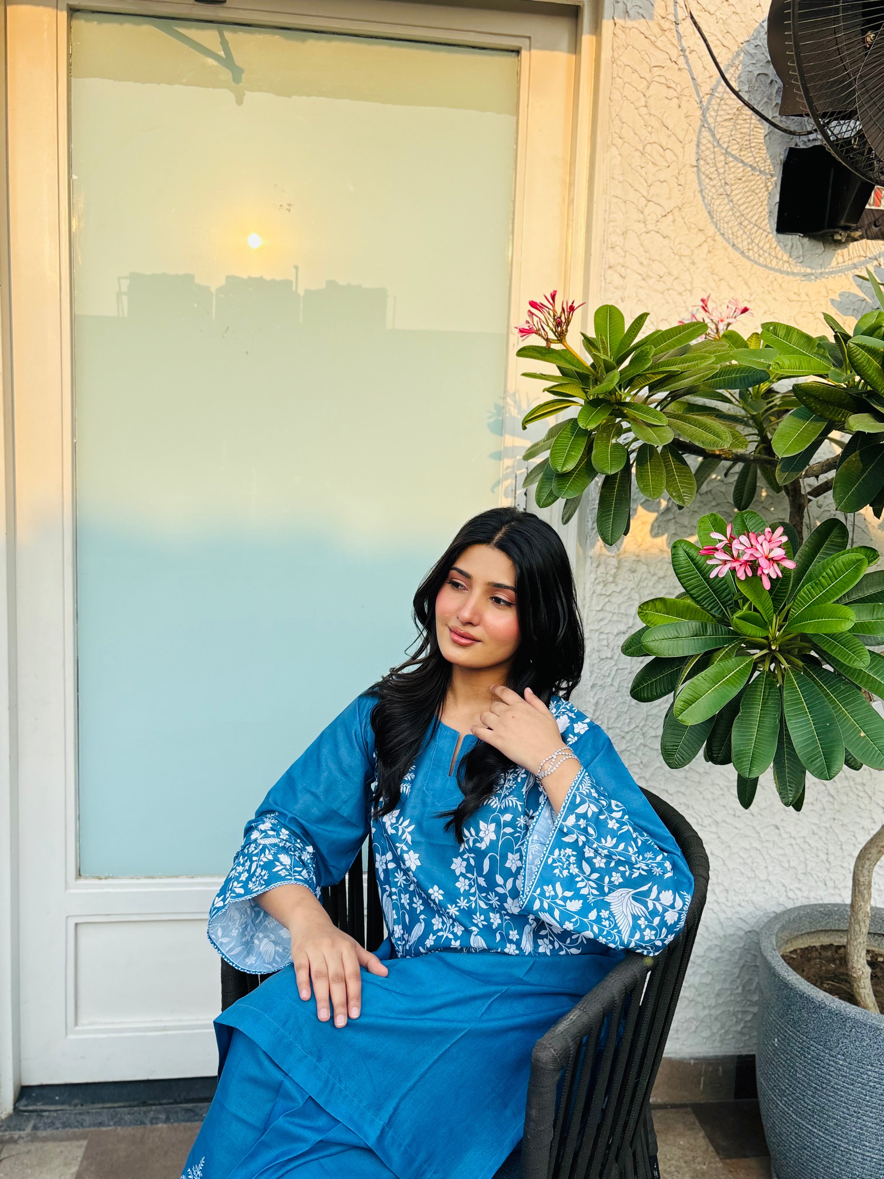 Fiza Malik x HOK in Indigo Blue Printed Lawn Cotton Co-ord Set with Farsi Pants