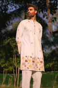 Cotton Men’s Kashmiri Aari Kurta – White Floral Embroidery