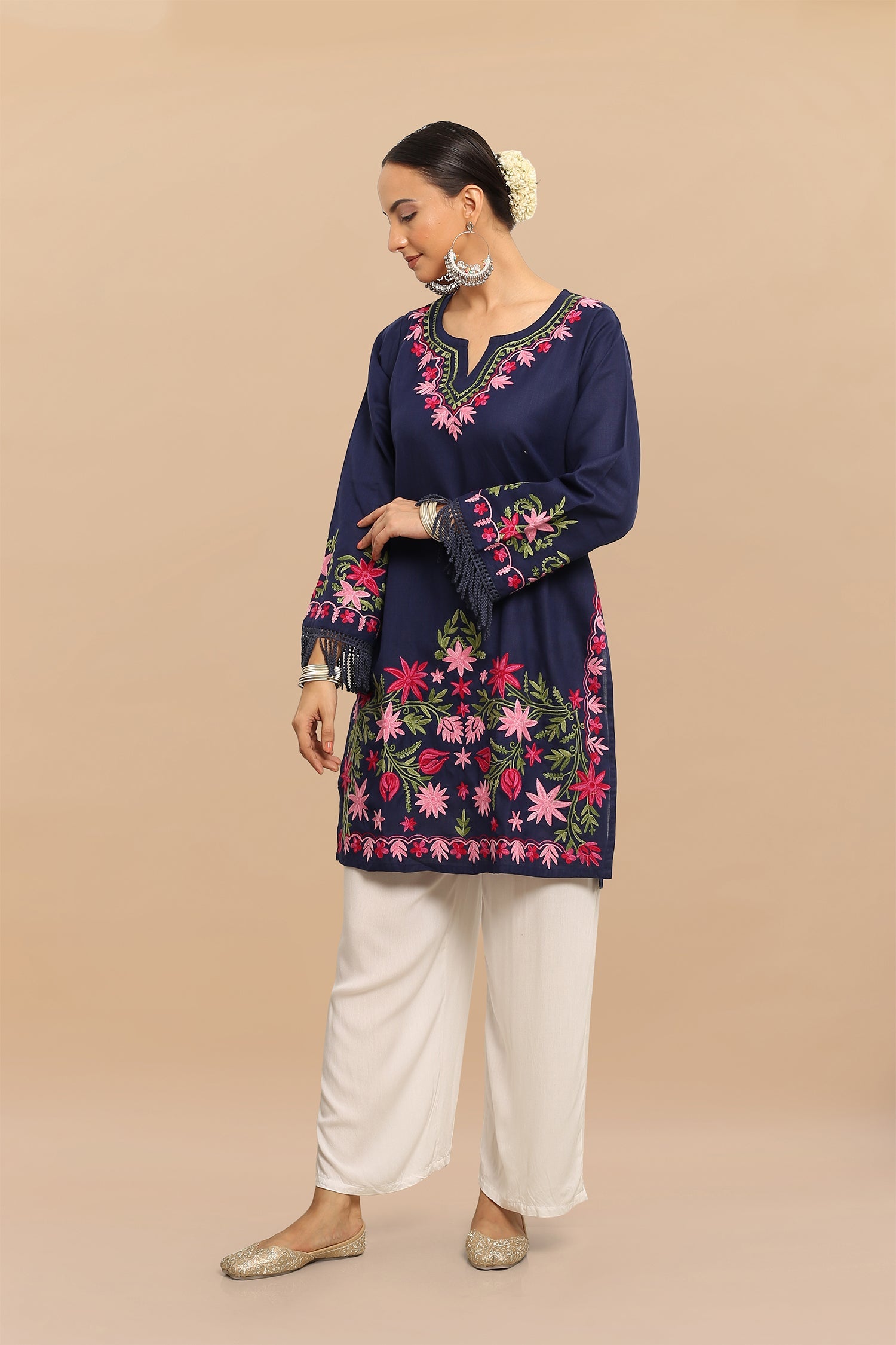 Plus Size - Falak Kashmiri Long Kurta - Blue
