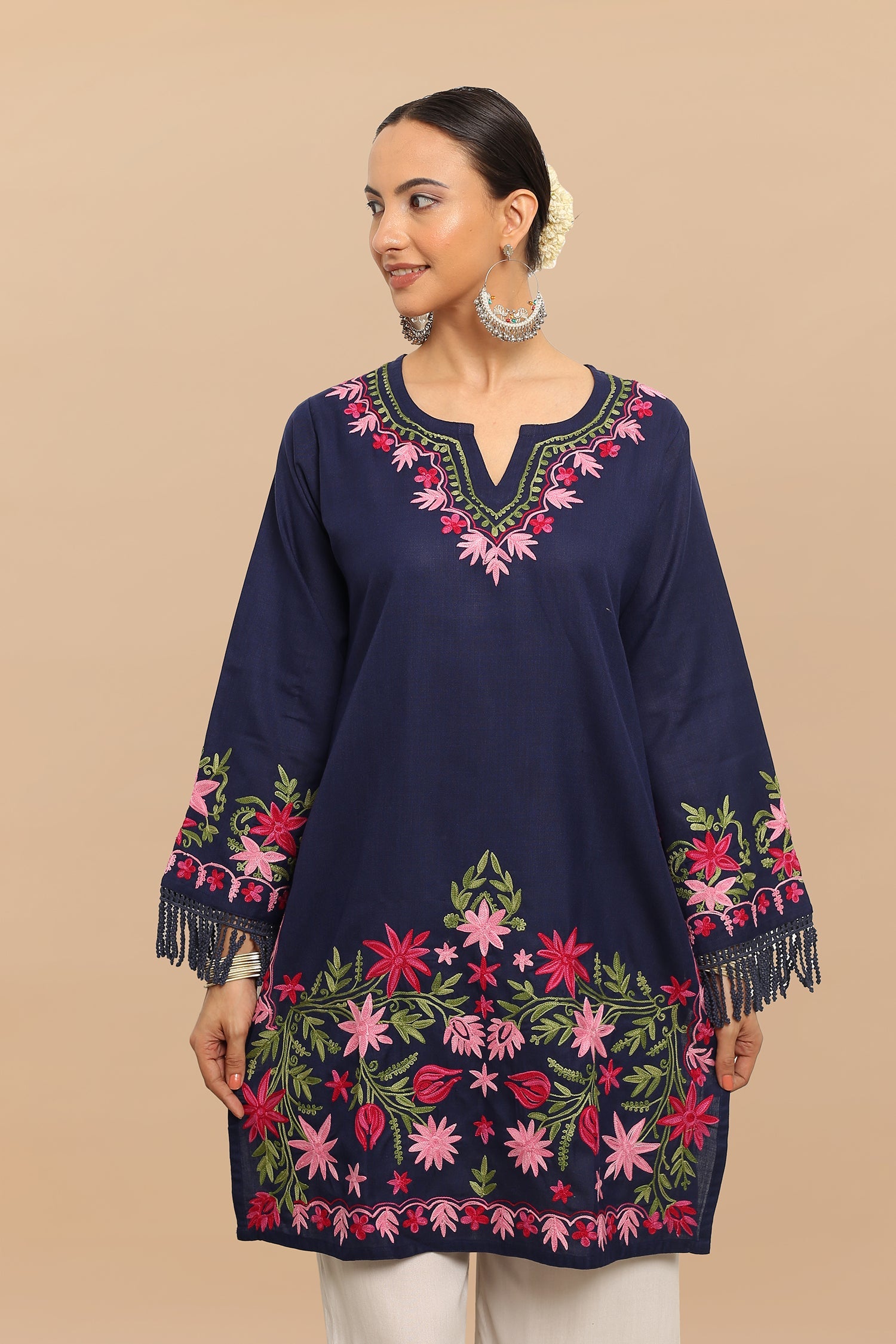 Plus Size - Falak Kashmiri Long Kurta - Blue