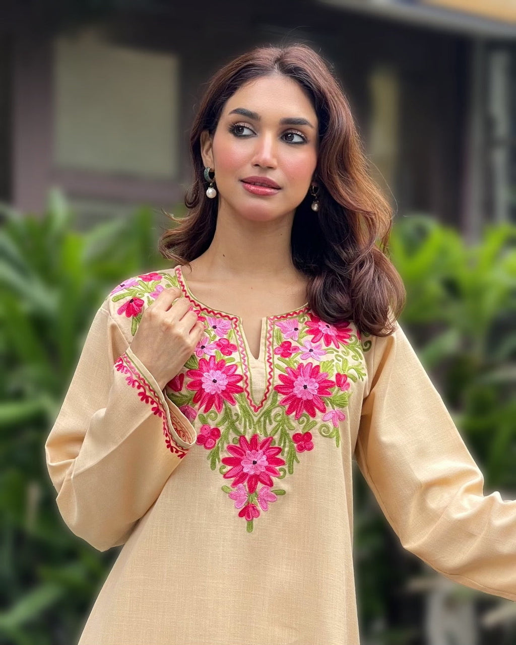 Pooja in Kashmiri Aari Work Cotton Kurta Set - Beige