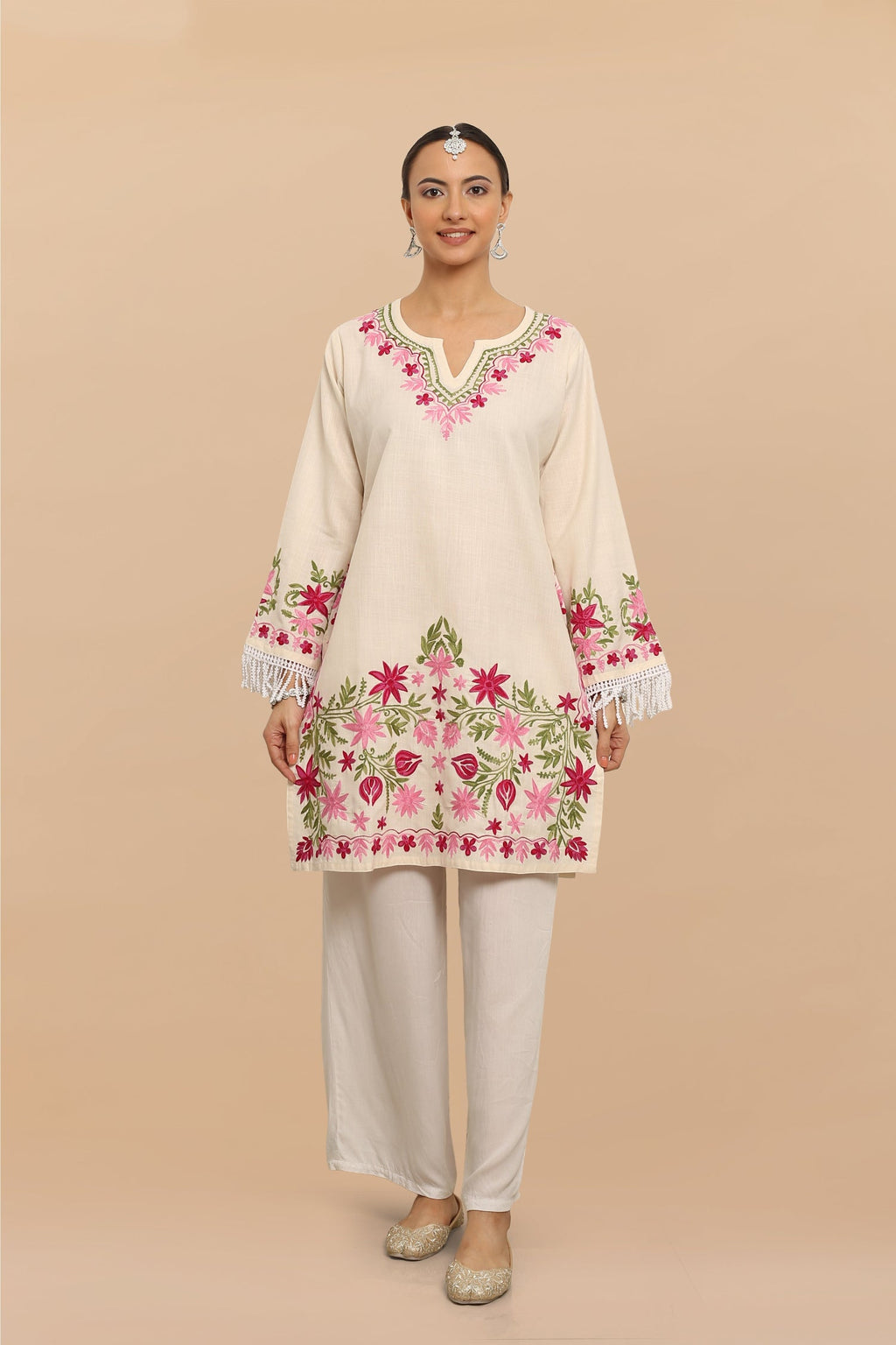 Plus Size - HOK Falak Kashmiri Long Kurta - White