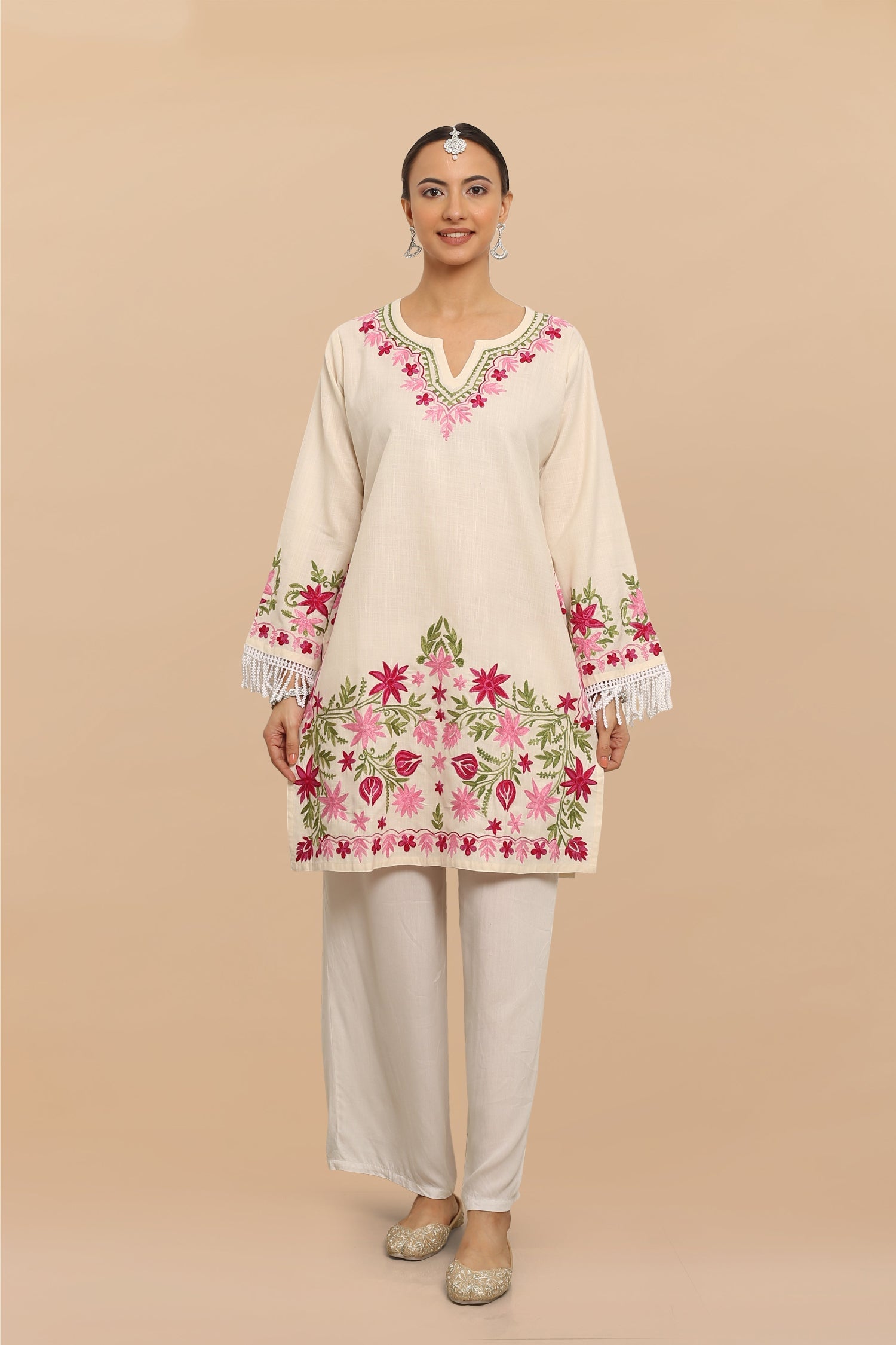 Plus Size - HOK Falak Kashmiri Long Kurta - White
