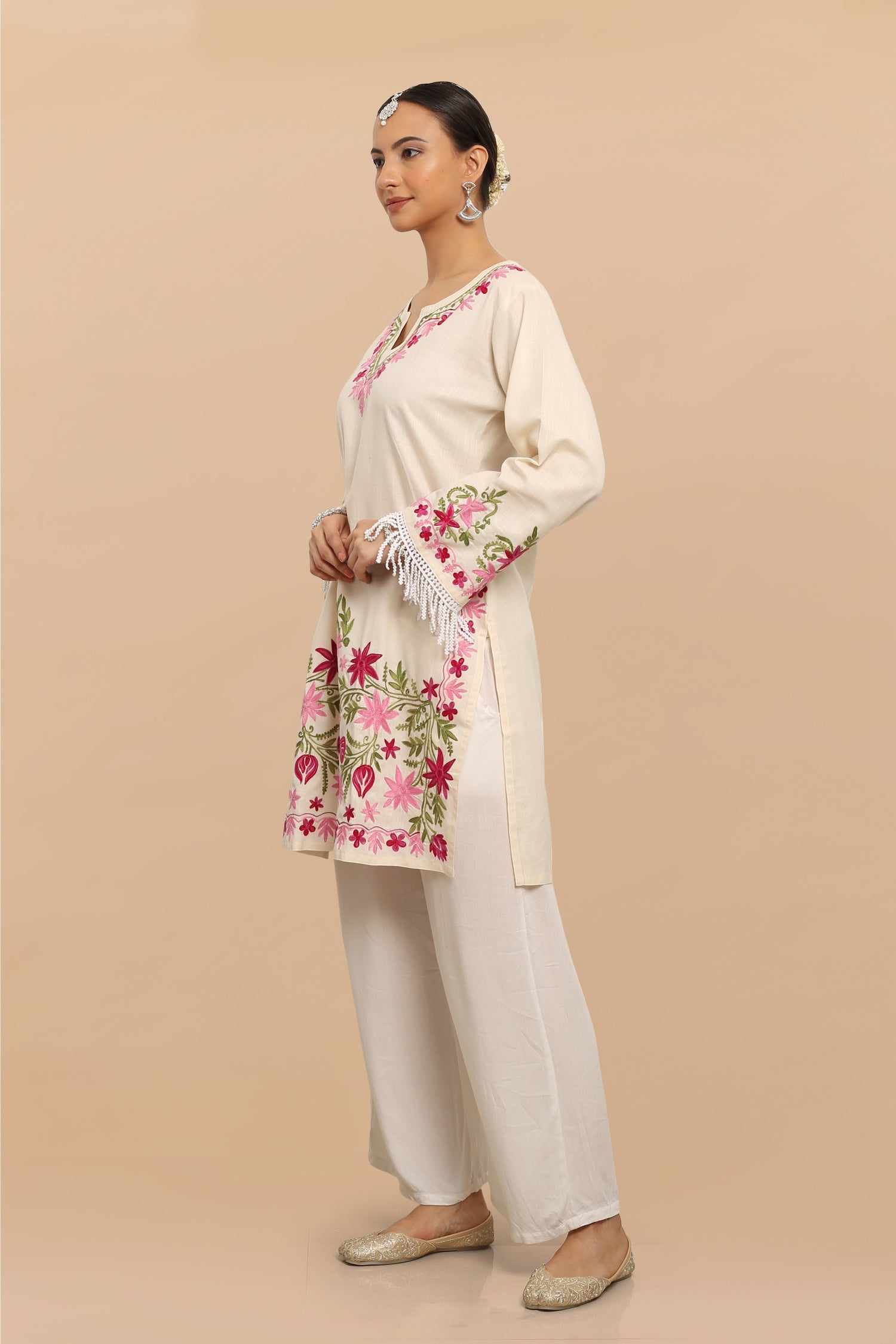Plus Size - HOK Falak Kashmiri Long Kurta - White