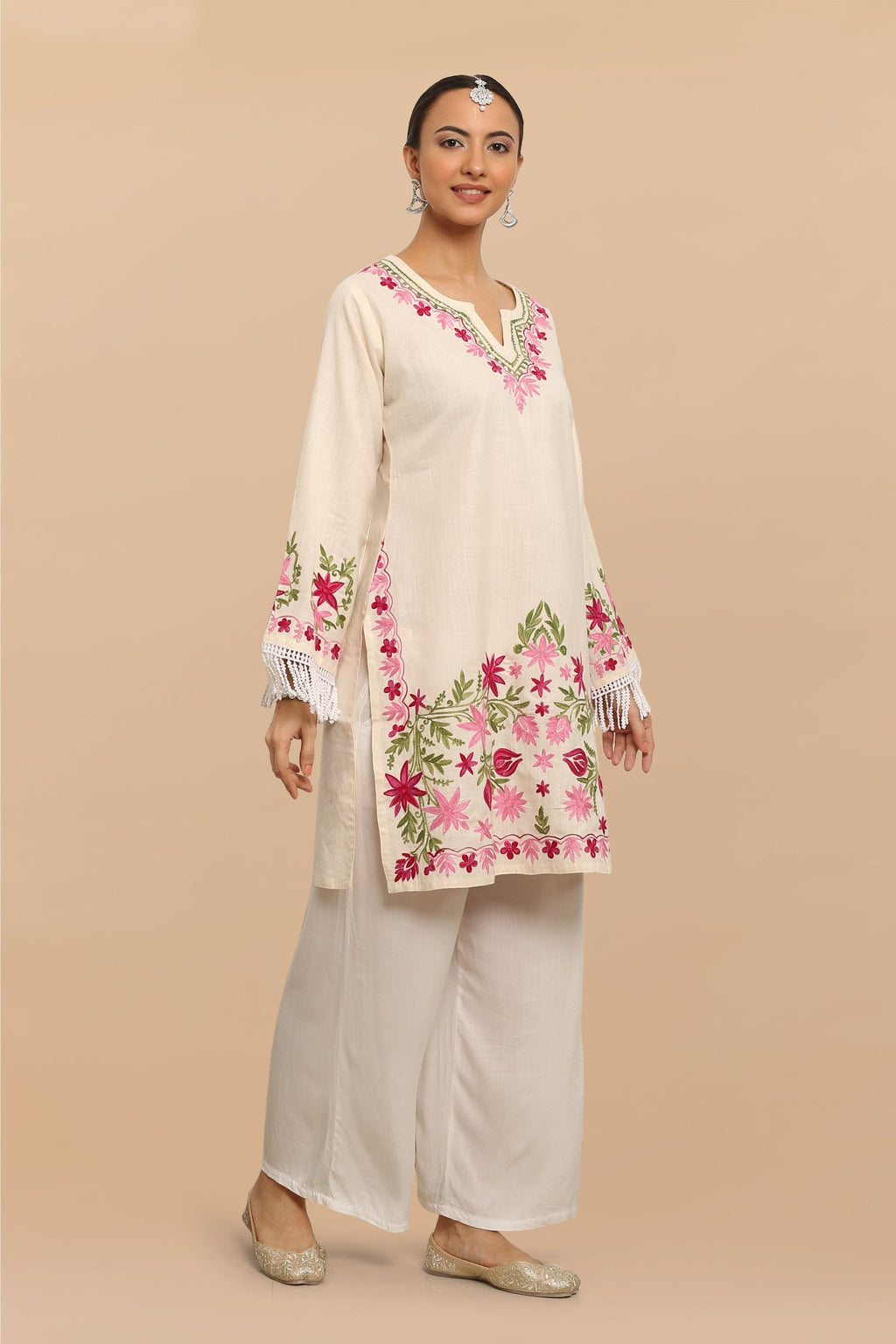 Plus Size - HOK Falak Kashmiri Long Kurta - White