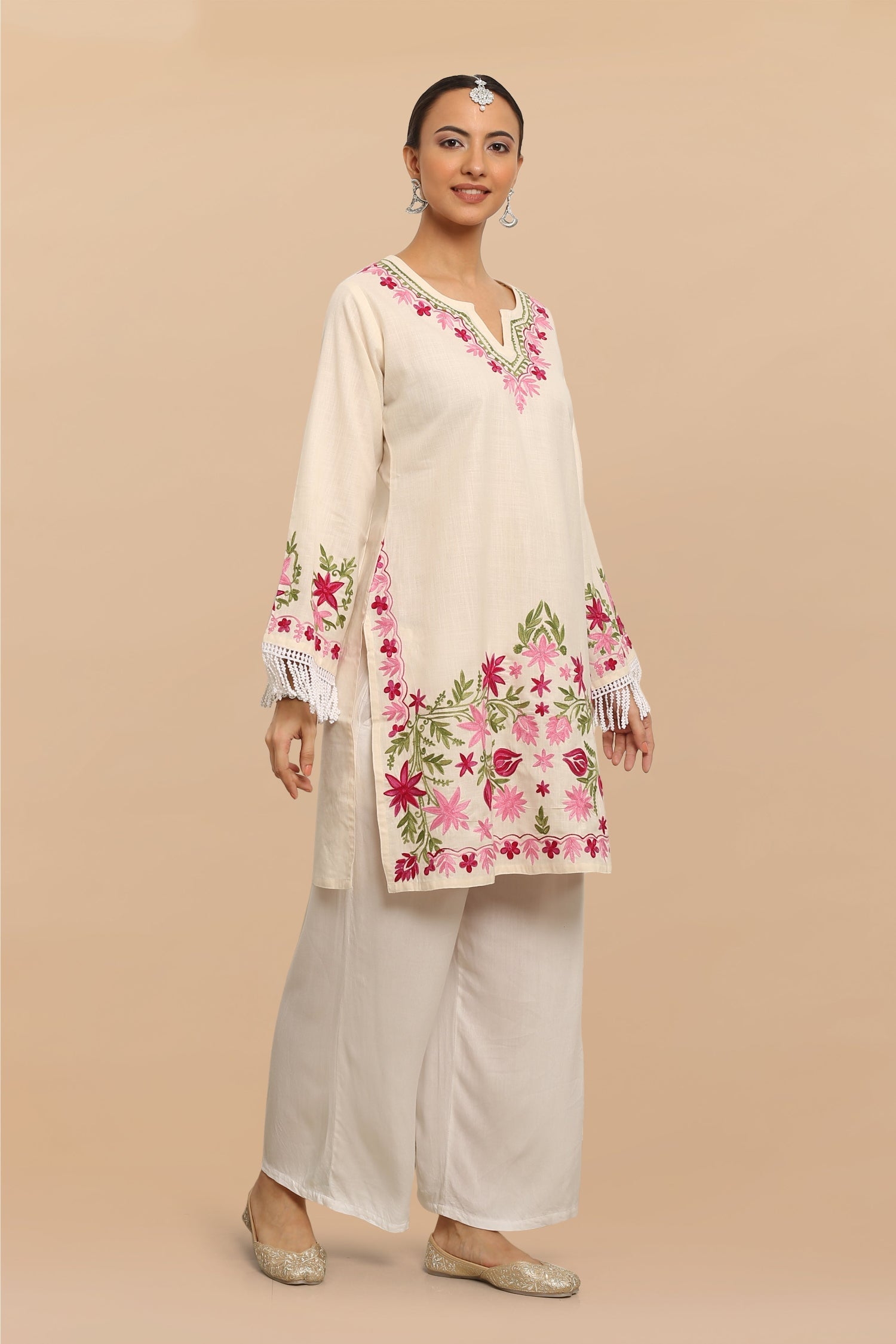 Plus Size - HOK Falak Kashmiri Long Kurta - White