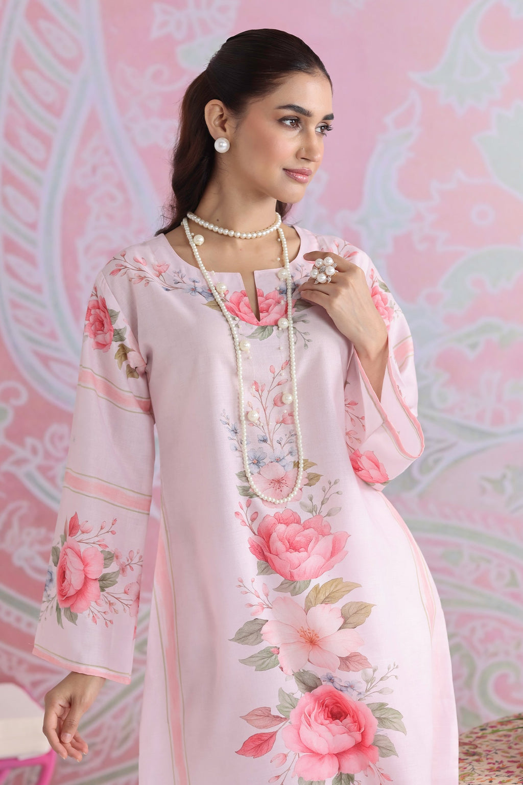 Priyanka x HOK in Blush Pink Floral Printed Lawn Cotton Co-ord Set with Straight Pants
