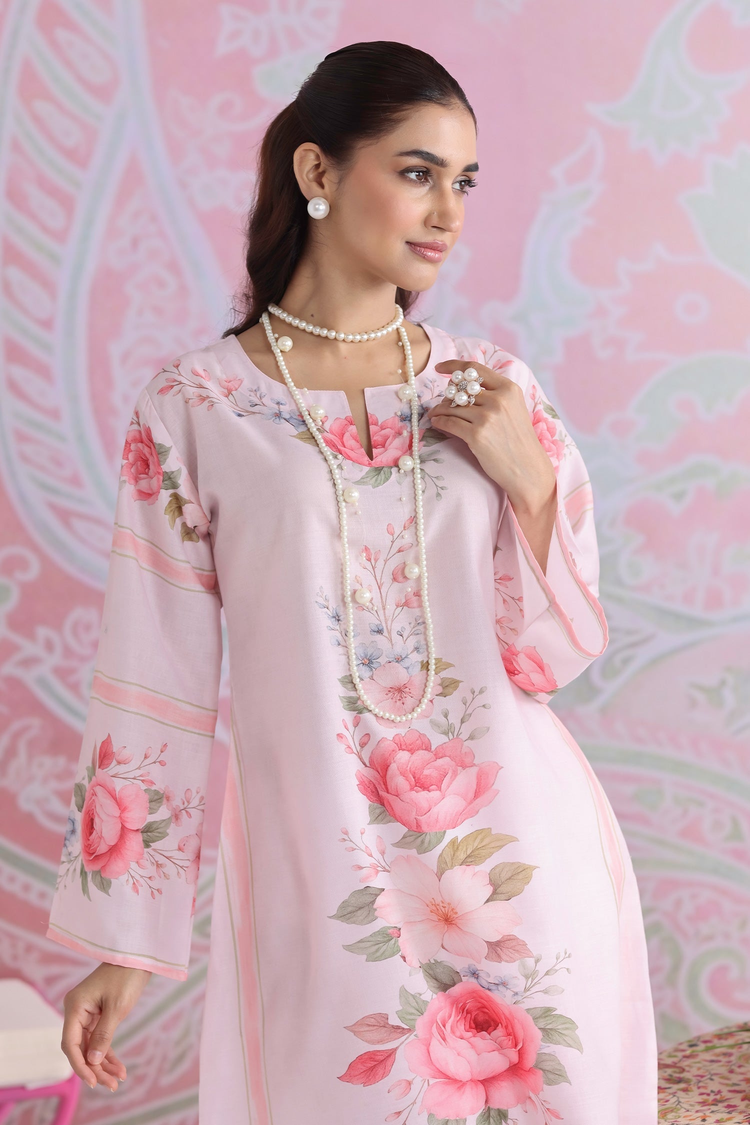 Priyanka x HOK in Blush Pink Floral Printed Lawn Cotton Co-ord Set with Straight Pants