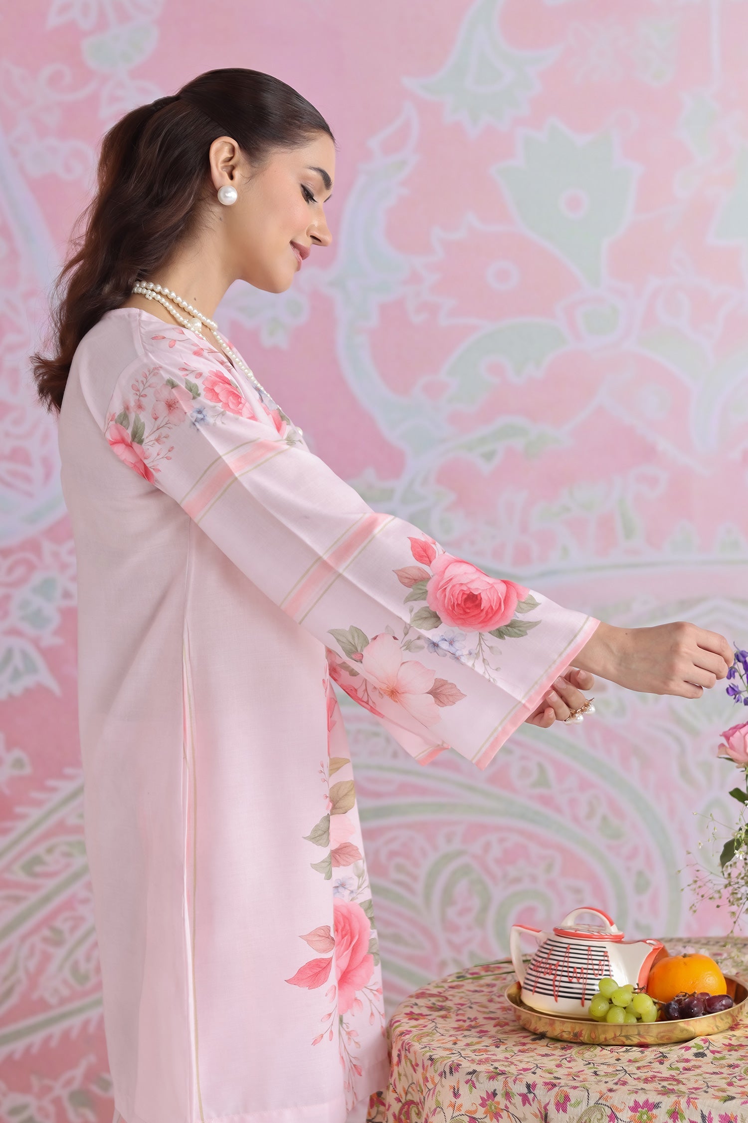 Priyanka x HOK in Blush Pink Floral Printed Lawn Cotton Co-ord Set with Straight Pants
