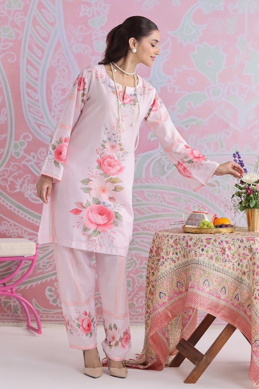 Priyanka x HOK in Blush Pink Floral Printed Lawn Cotton Co-ord Set with Straight Pants