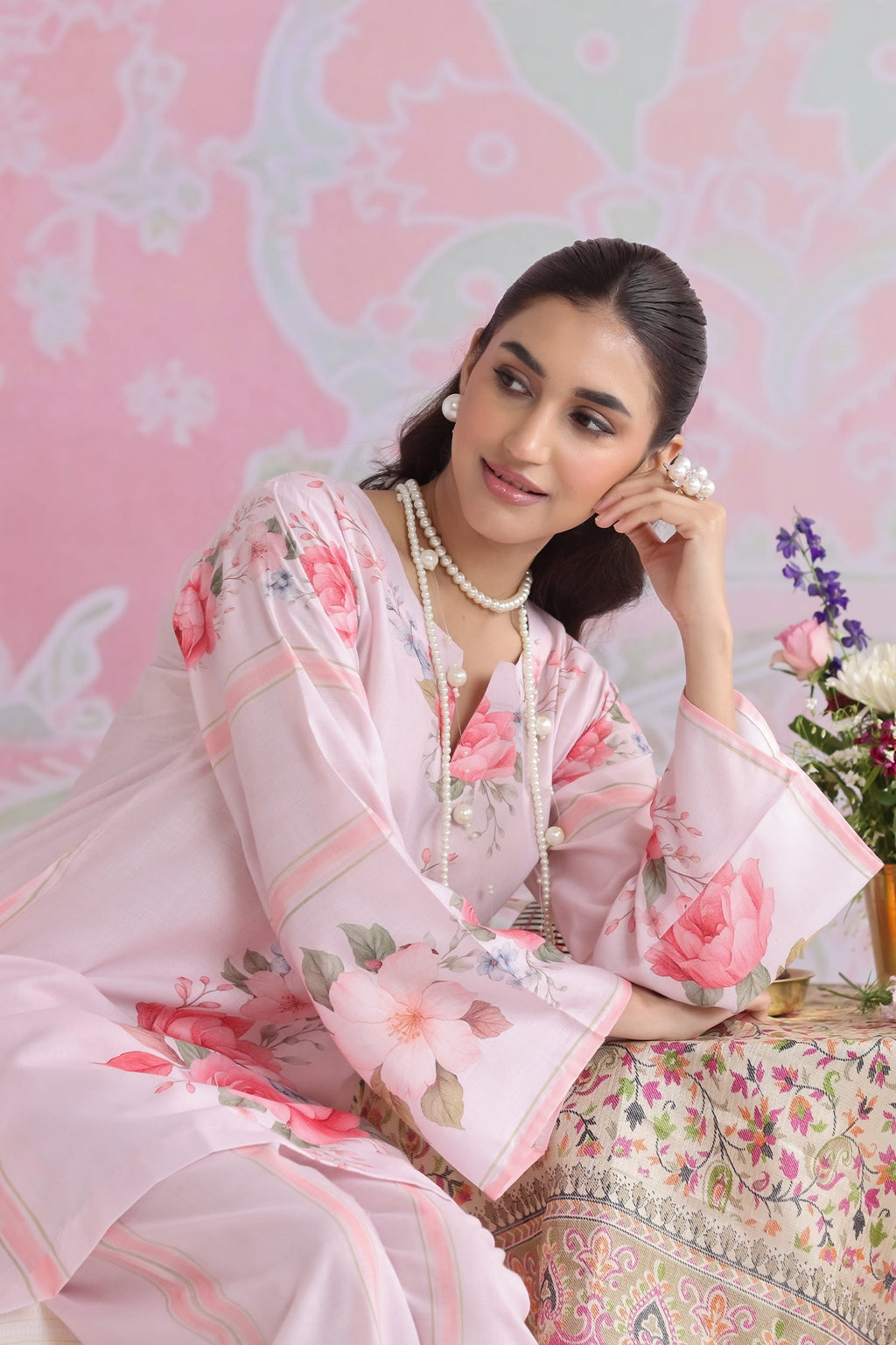 Priyanka x HOK in Blush Pink Floral Printed Lawn Cotton Co-ord Set with Straight Pants
