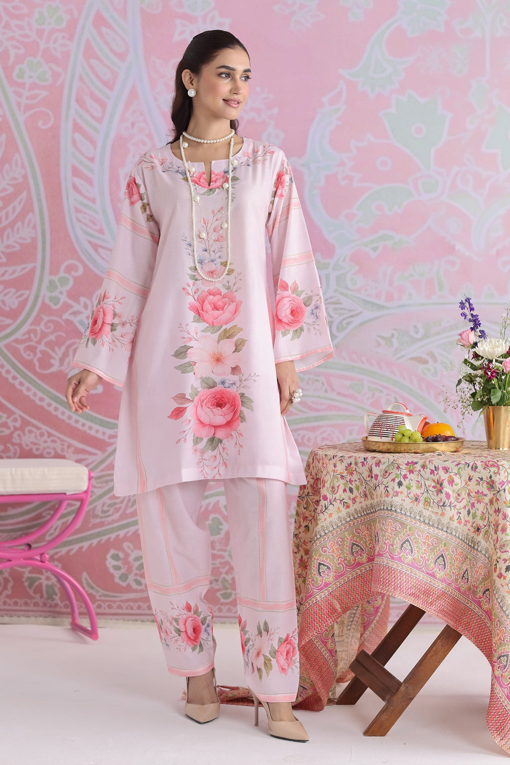 Priyanka x HOK in Blush Pink Floral Printed Lawn Cotton Co-ord Set with Straight Pants