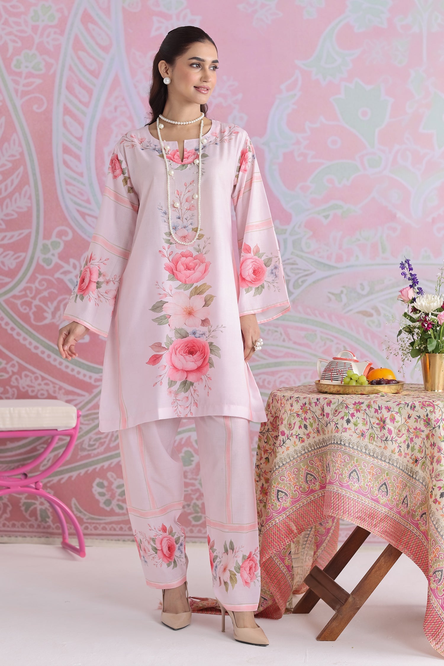 Priyanka x HOK in Blush Pink Floral Printed Lawn Cotton Co-ord Set with Straight Pants