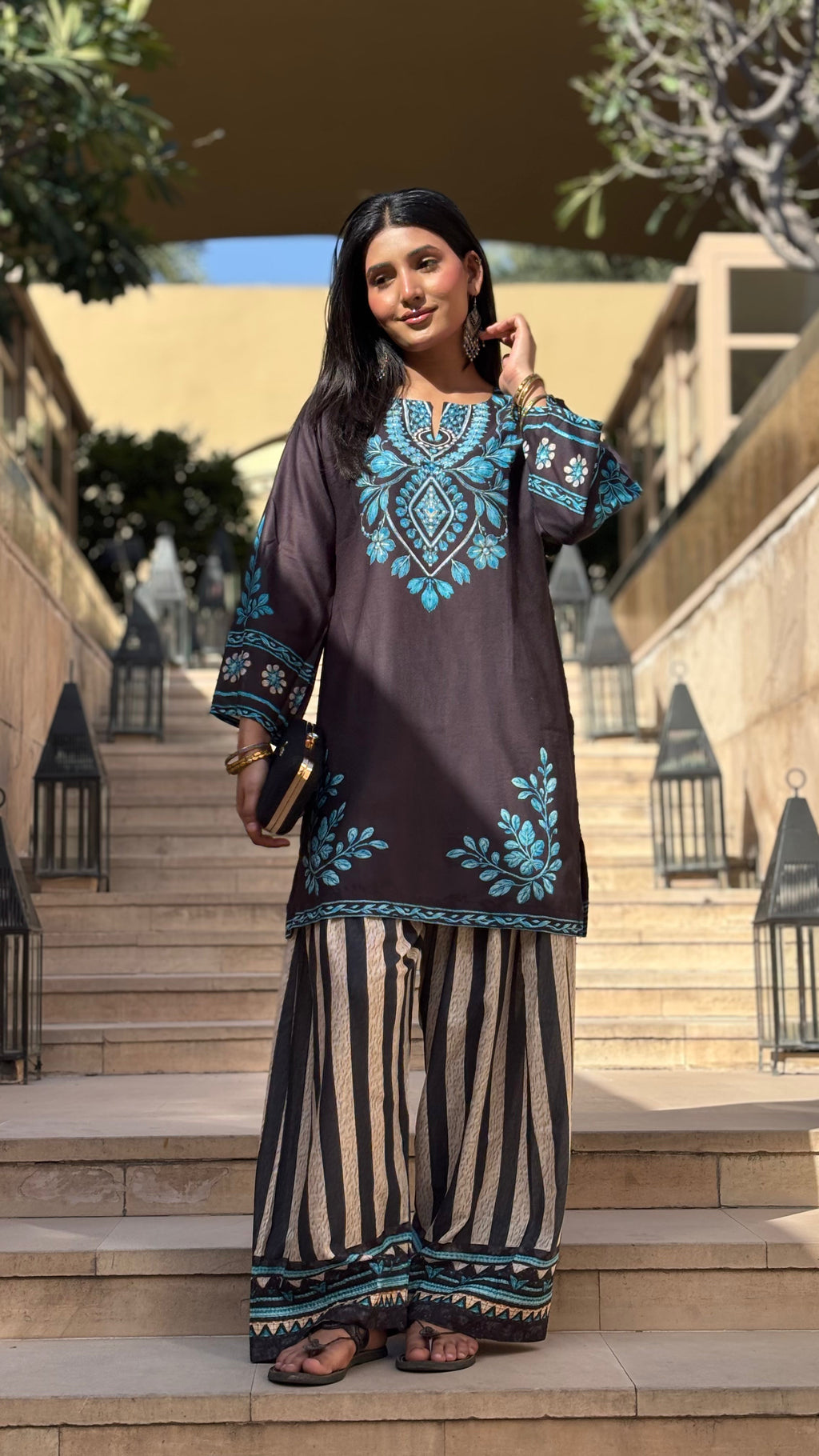 Fiza malik In Black & Teal Printed Lawn Cotton Co-ord Set with Farsi Pants