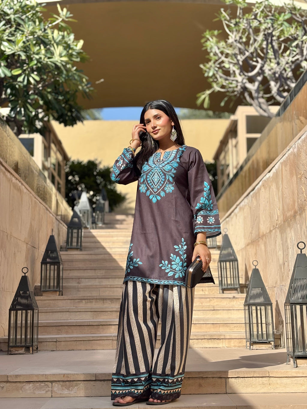 Fiza malik In Black & Teal Printed Lawn Cotton Co-ord Set with Farsi Pants