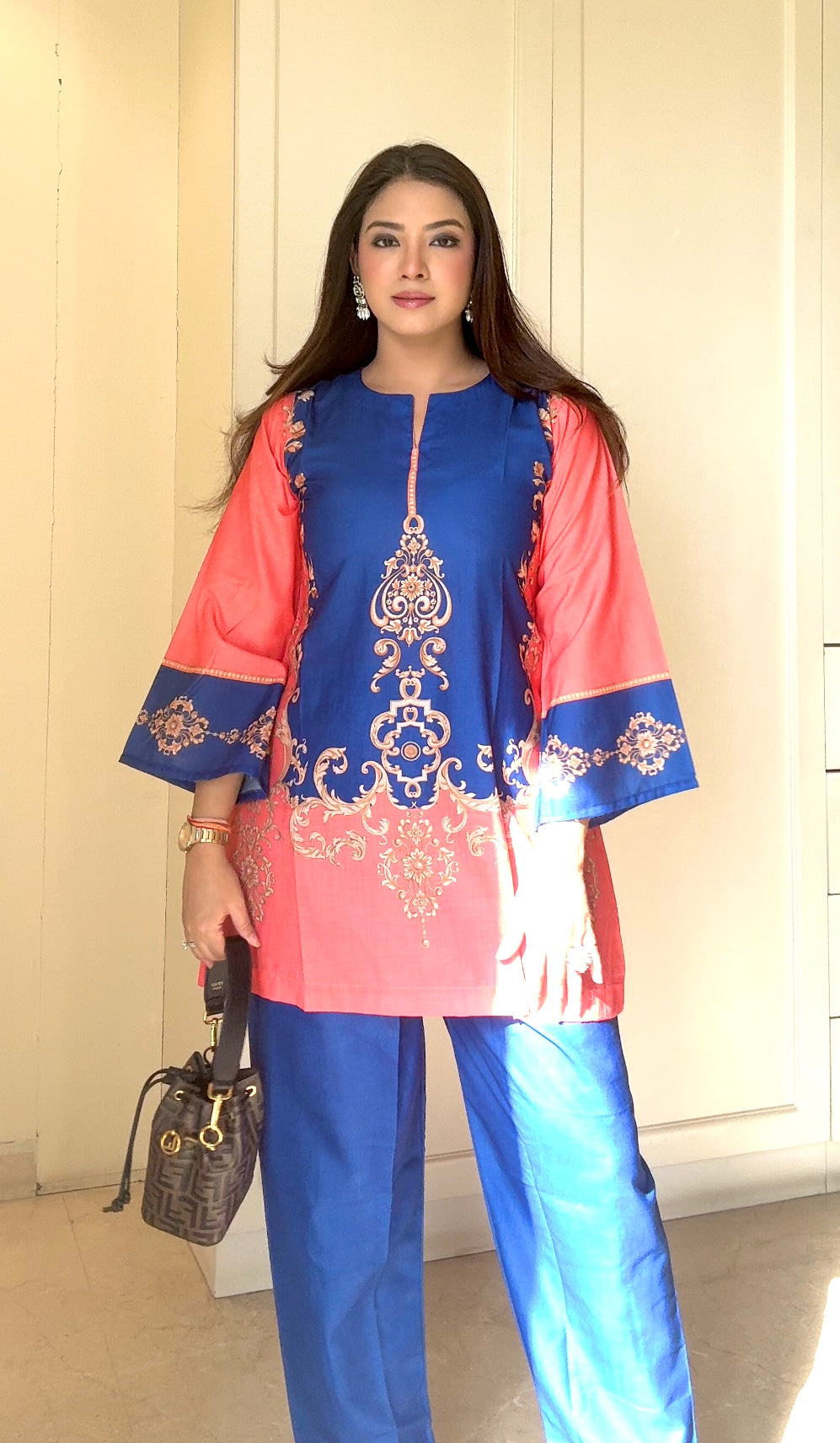 Radhika In Coral & Royal Blue Printed Lawn Cotton Co-ord Set with Straight Pants