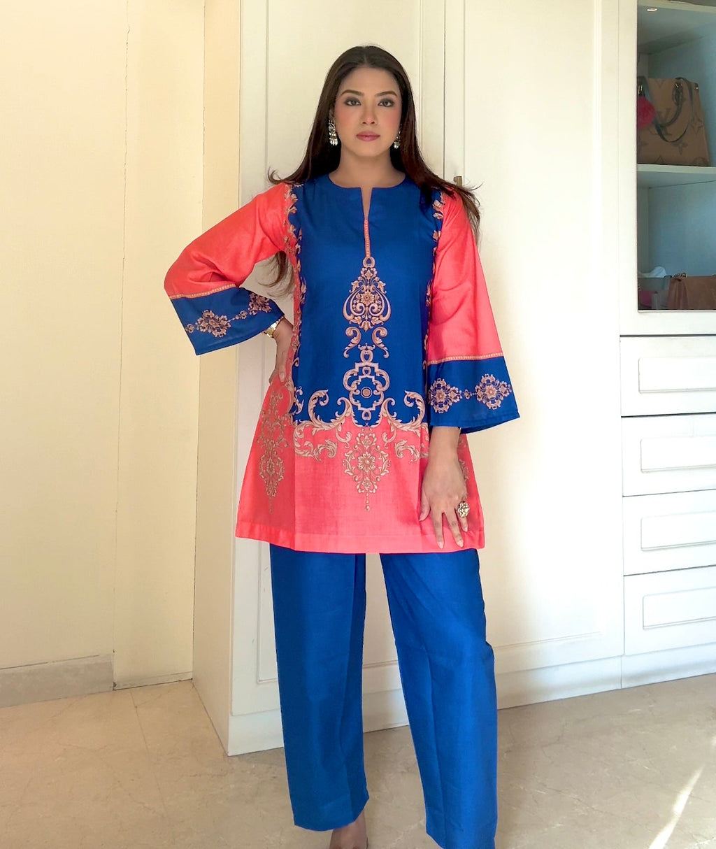 Radhika In Coral & Royal Blue Printed Lawn Cotton Co-ord Set with Straight Pants