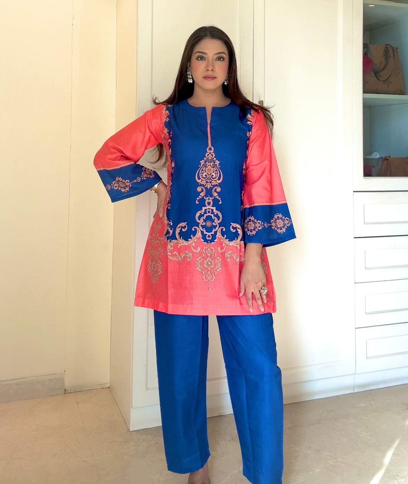 Radhika In Coral & Royal Blue Printed Lawn Cotton Co-ord Set with Straight Pants