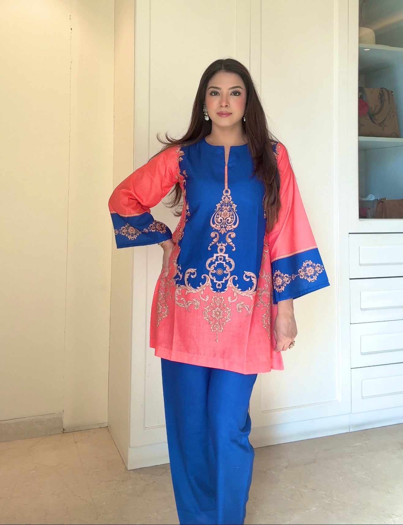 Radhika In Coral & Royal Blue Printed Lawn Cotton Co-ord Set with Straight Pants