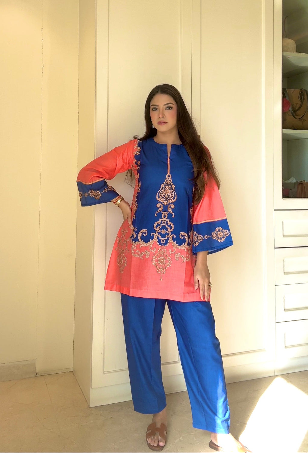 Radhika In Coral & Royal Blue Printed Lawn Cotton Co-ord Set with Straight Pants