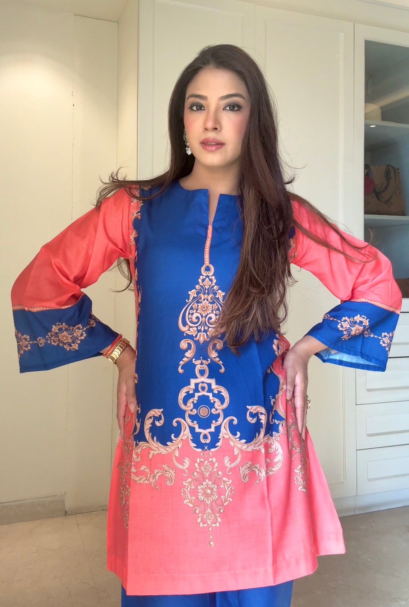Radhika In Coral & Royal Blue Printed Lawn Cotton Co-ord Set with Straight Pants