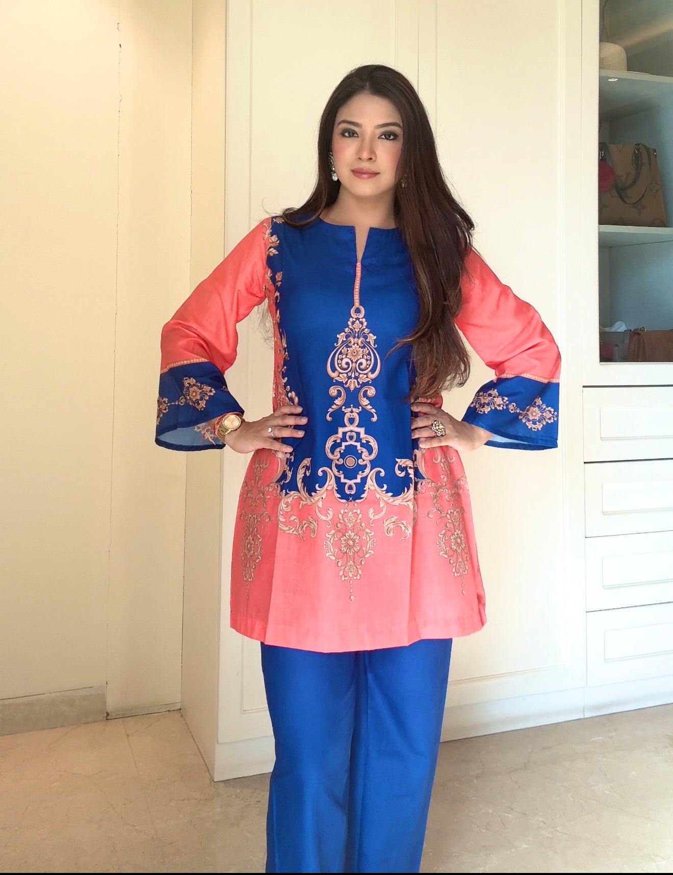 Radhika In Coral & Royal Blue Printed Lawn Cotton Co-ord Set with Straight Pants